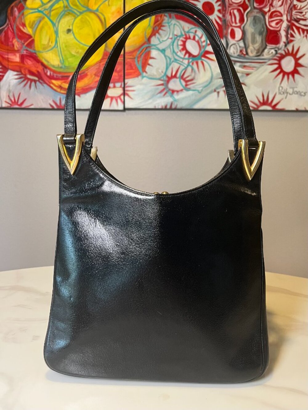 Vintage Coblentz Black Leather Frame Handbag Kiss Lock Satchel 1950s